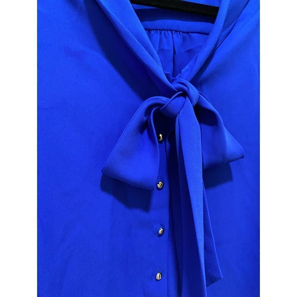 TAHARI Career Wear Bell Sleeves Button Down Front Tie Blouse Royal Blue Size S - Picture 4 of 8
